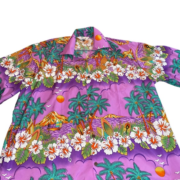 Lvish Hawaiian Print Button Down Shirt Men’s Sz 2XL Purple Teal Palm Trees Surf - Picture 2 of 7